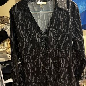 Urban Outfitters Black and Gray Marble-Print Long Sleeve Blouse